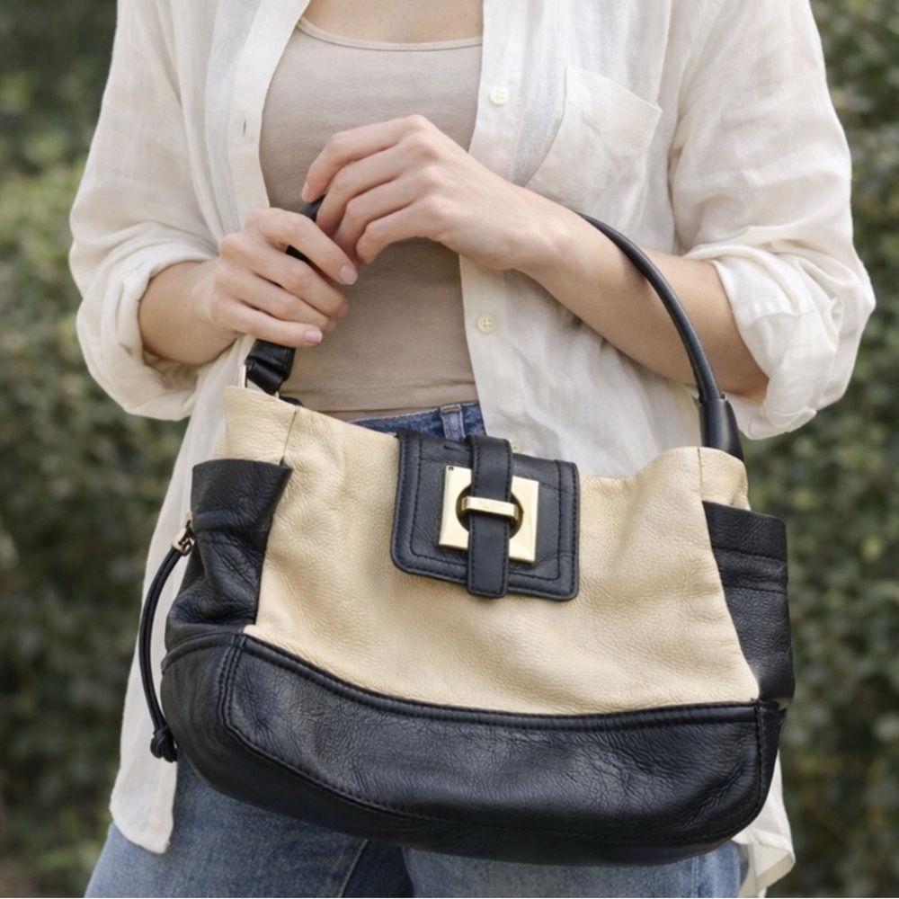 Kate Spade Black Tan Leather Handbag Purse 2000s Y2K Drawstring Side Pouches